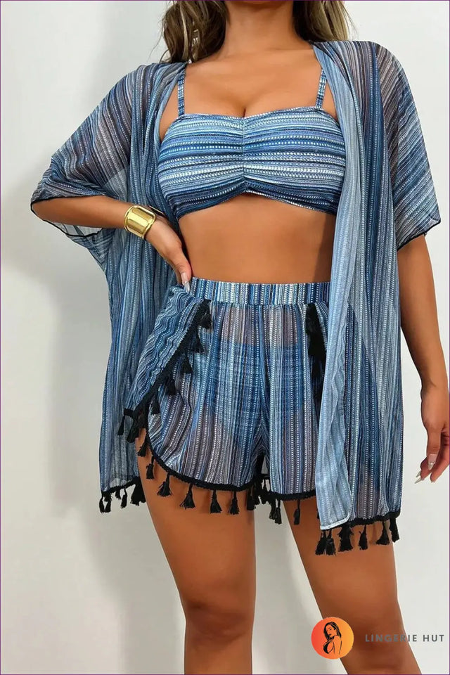 Striped Swimwear Set with Kimono Cover-Up