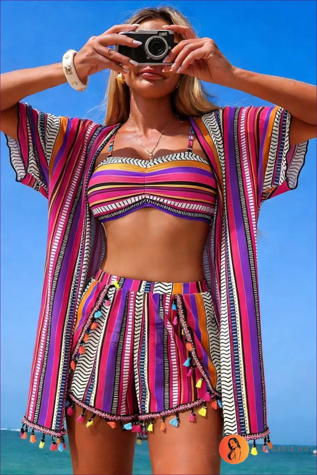 Striped Swimwear Set with Kimono Cover-Up