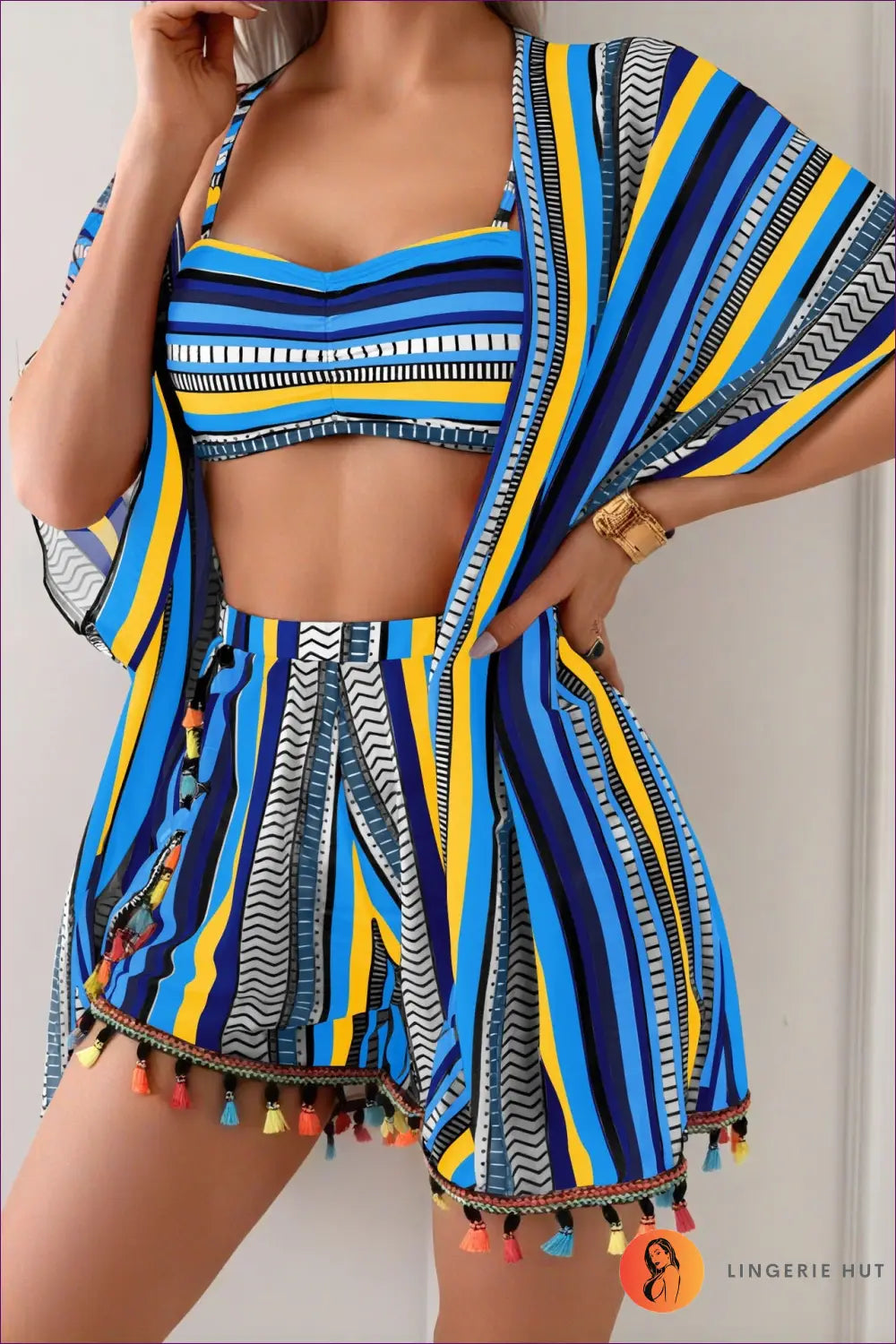 Bikini Set with Kimono Cover-up - Festival Ready - s / Blue and Yellow Stripes - Lingerie Hut - Beachwear • Boho