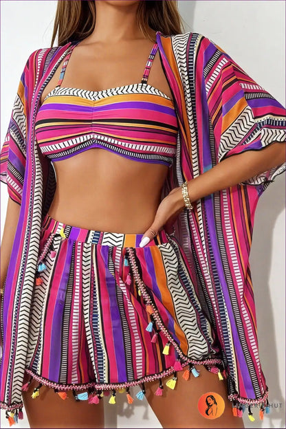 Bikini Set with Kimono Cover-up - Festival Ready - s / Purplish Red Stripe - Lingerie Hut - Beachwear • Boho • Casual