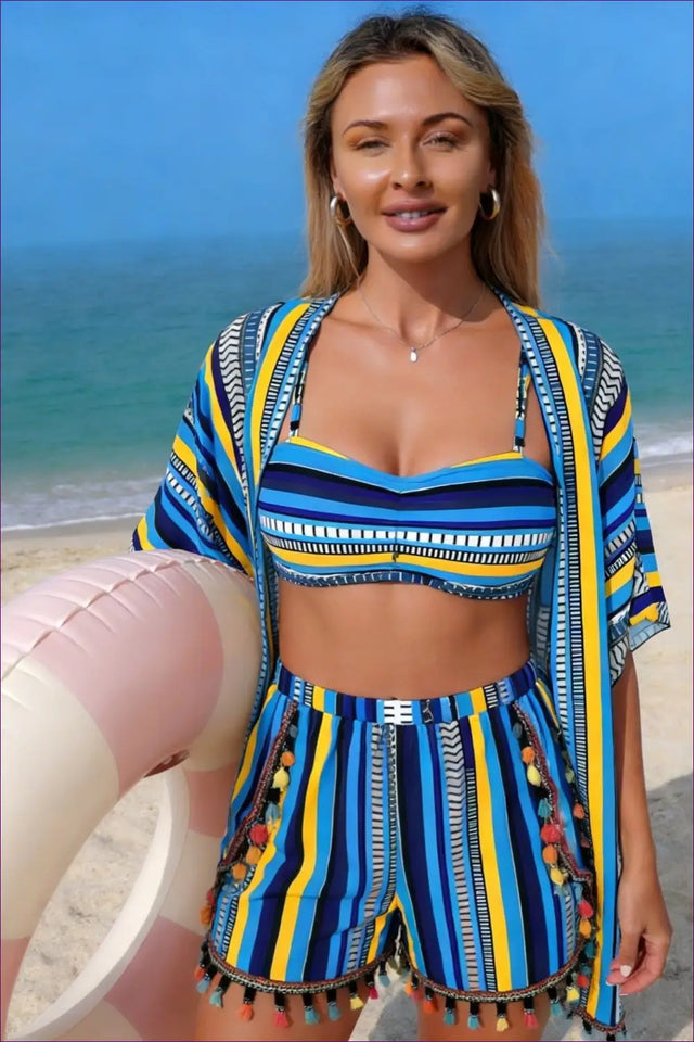 Striped Swimwear Set with Kimono Cover-Up