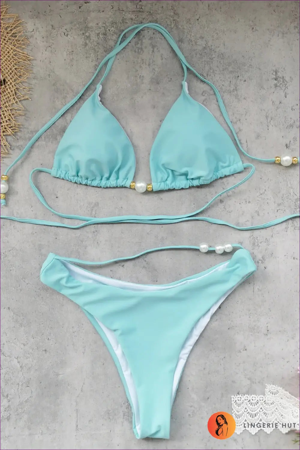 Bikini Set with Pearl Details - Luxe Beach Days - s / Blue - Lingerie Hut - Beachwear • Boho • Cutout • Glamour
