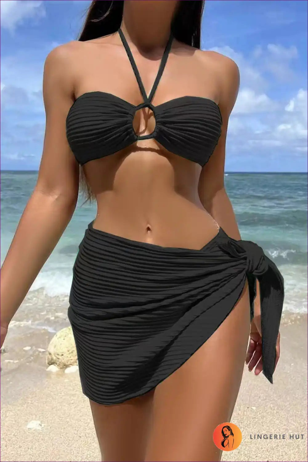 Bikini Set with Ribbed Texture - Beach Confidence for Beachwear, Bikini, Casual, Cutout, Halter