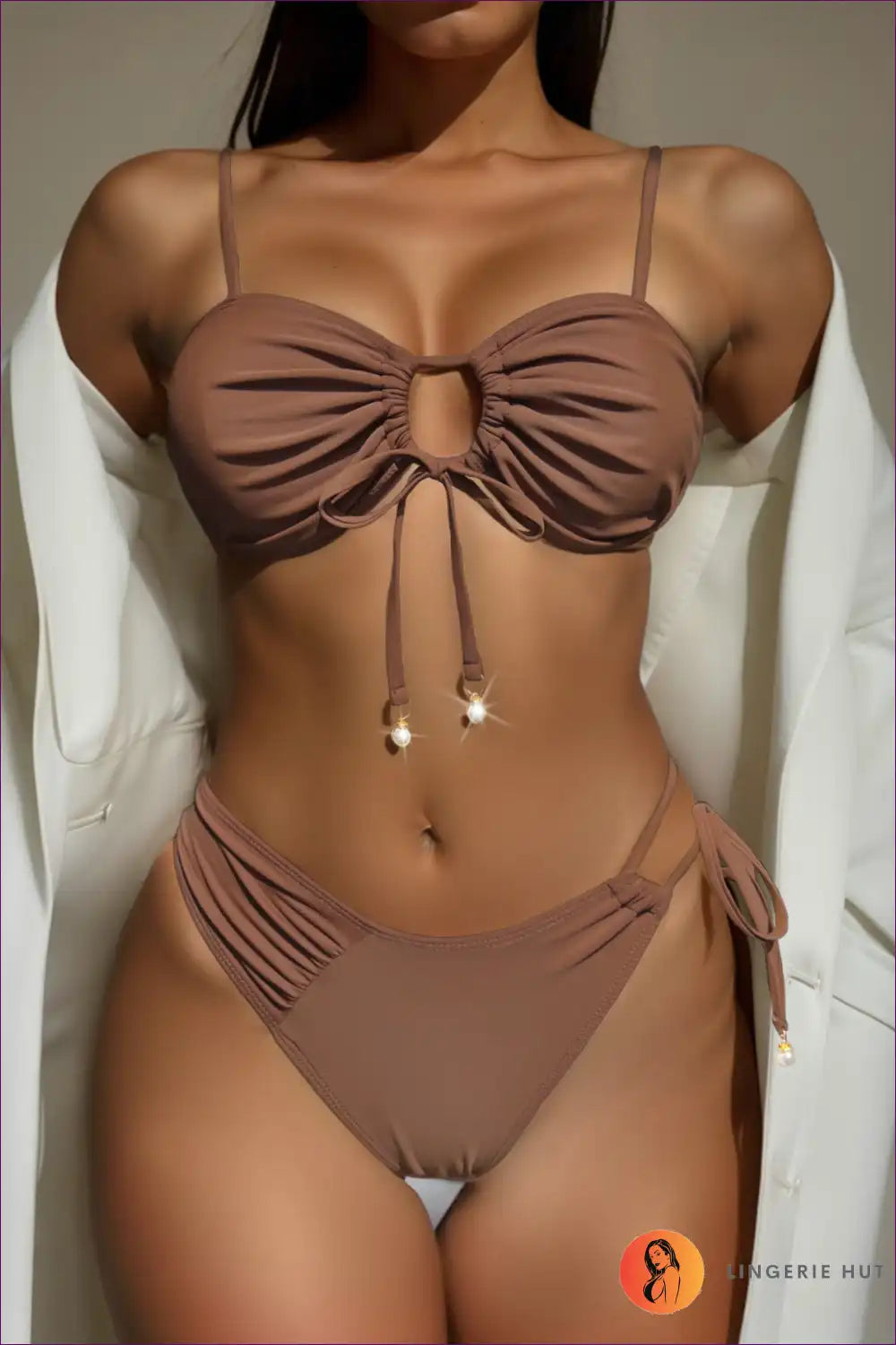Bikini Set with Ruched Details - Sunset Confidence for Backless, Beachwear, Bikini, Casual, Cutout