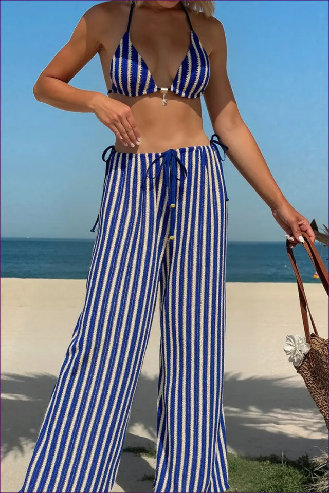 Bikini Set with Wide-Leg Cover-Up Trousers - Nautical Chic