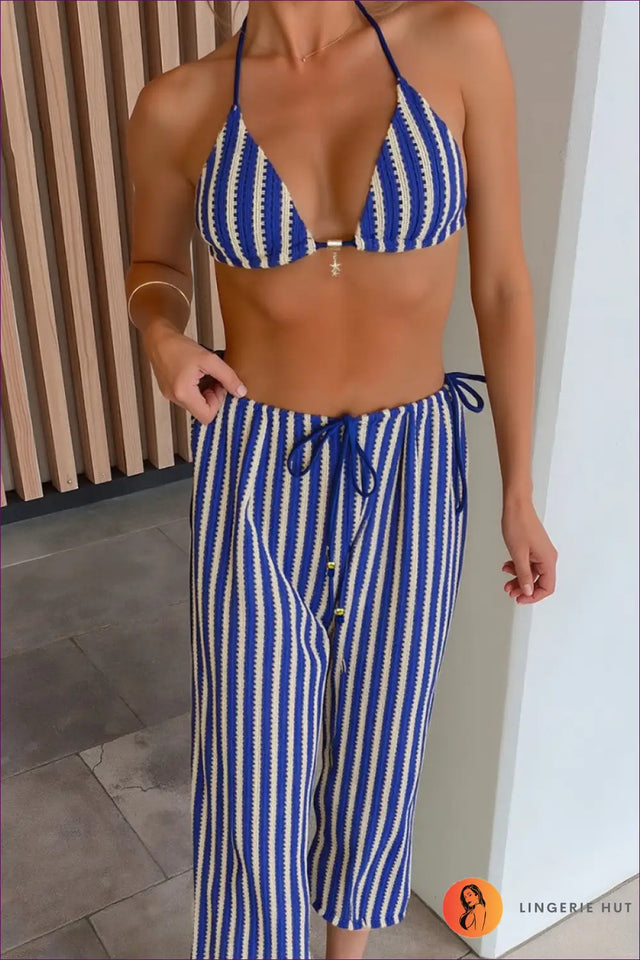 Bikini Set with Wide-Leg Cover-Up Trousers - Nautical Chic