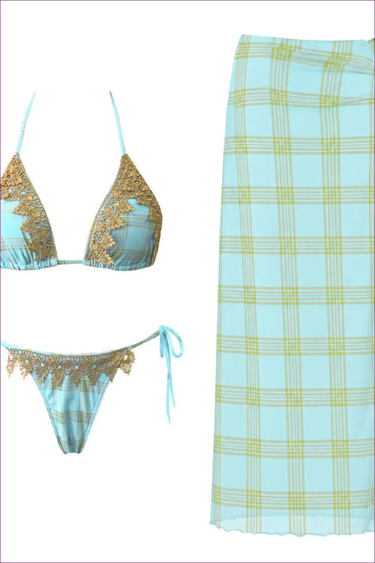 Bikini Top with Check Print Wrap Maxi Skirt - Resort Cover-up - Swimwear - Beachwear • Boho • Cover Up