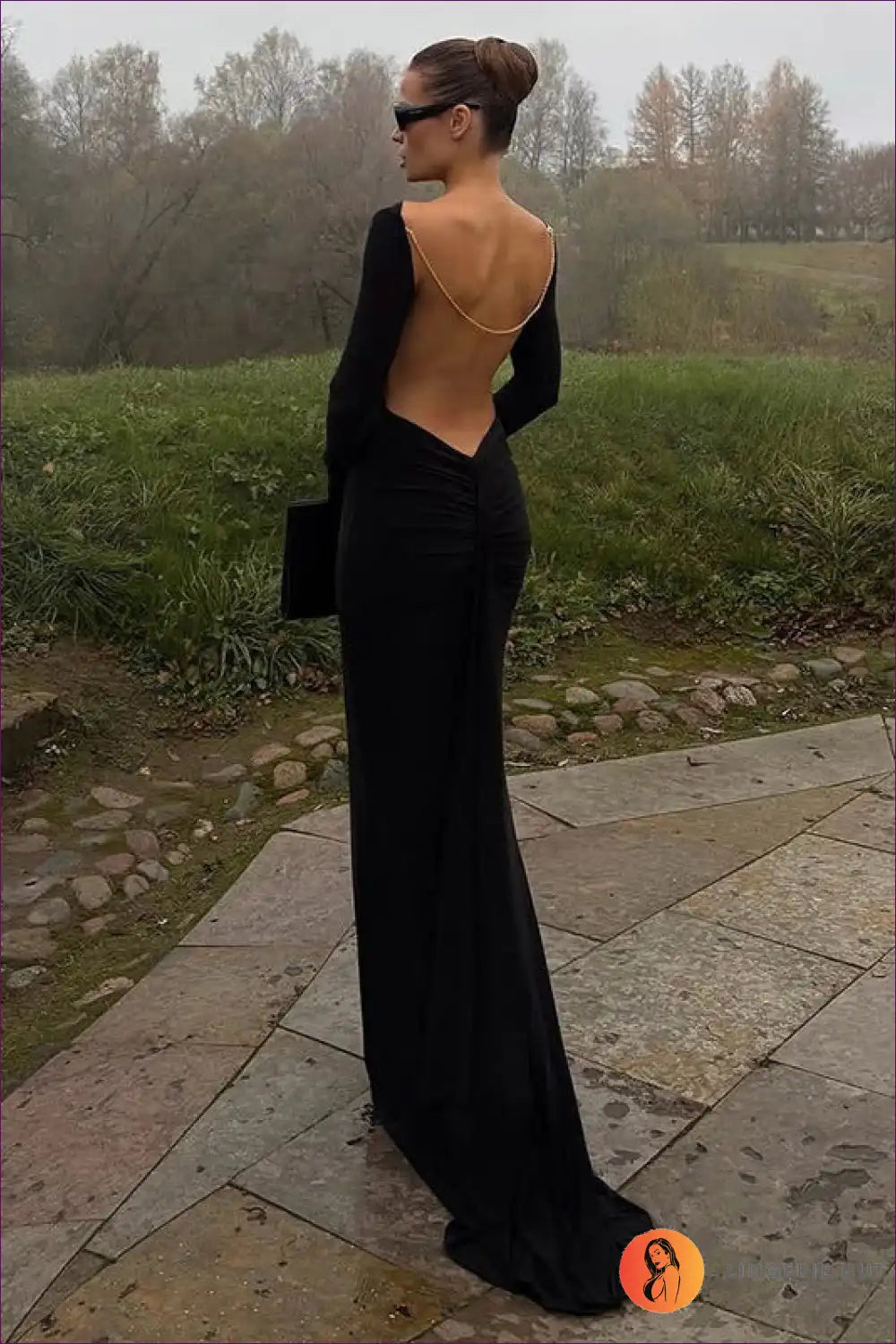 Black Backless Maxi Dress with Gold Chain Detail - Long for Autumn, Backless, Dress, Dresses, Evening Wear