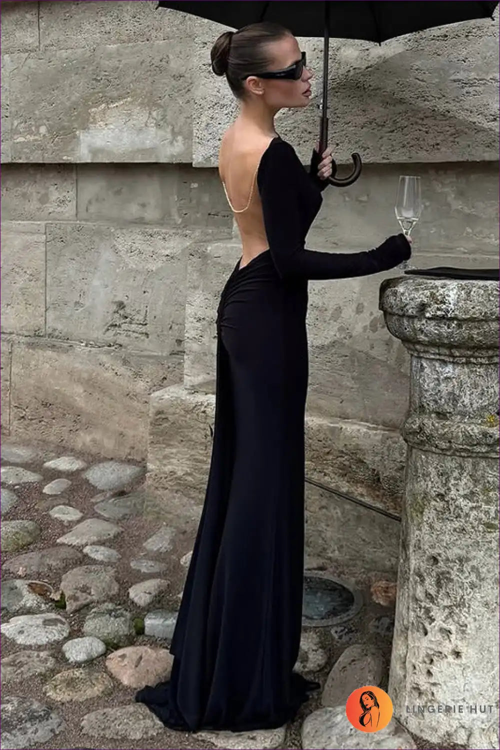 Black Backless Maxi Dress with Gold Chain Detail - Long for Autumn, Backless, Dress, Dresses, Evening Wear
