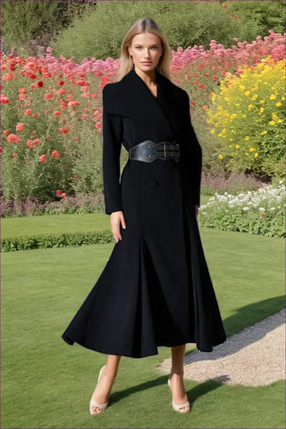 Black Belted Maxi Trench Coat Dress with Wide Collar for a Line, Autumn, Dresses, Evening Wear, Formal Wear