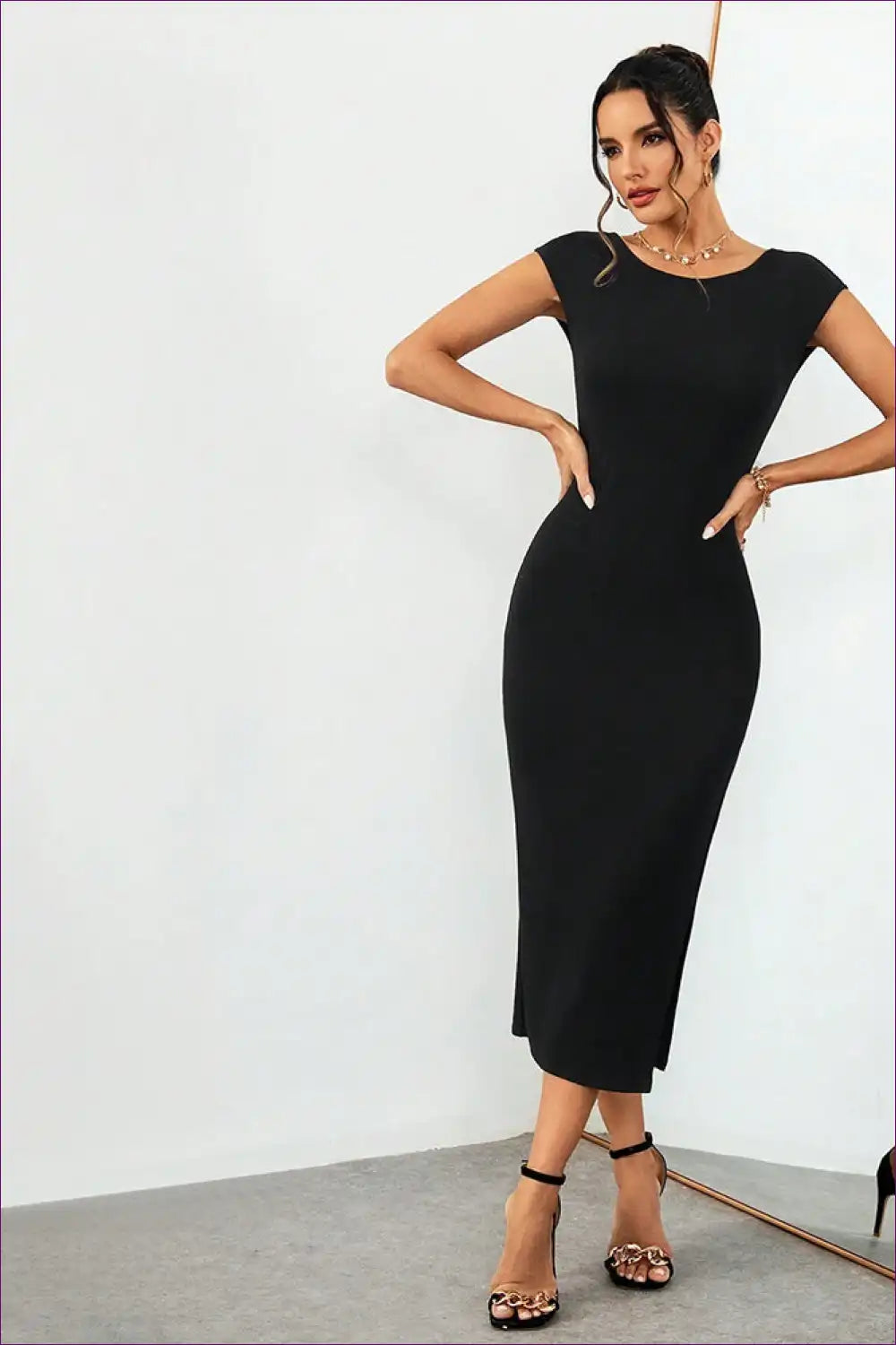 Black Cap Sleeve Bodycon Midi Dress with Back Slit for Evening Bodycon, Clubwear, Dresses, Evening Wear,