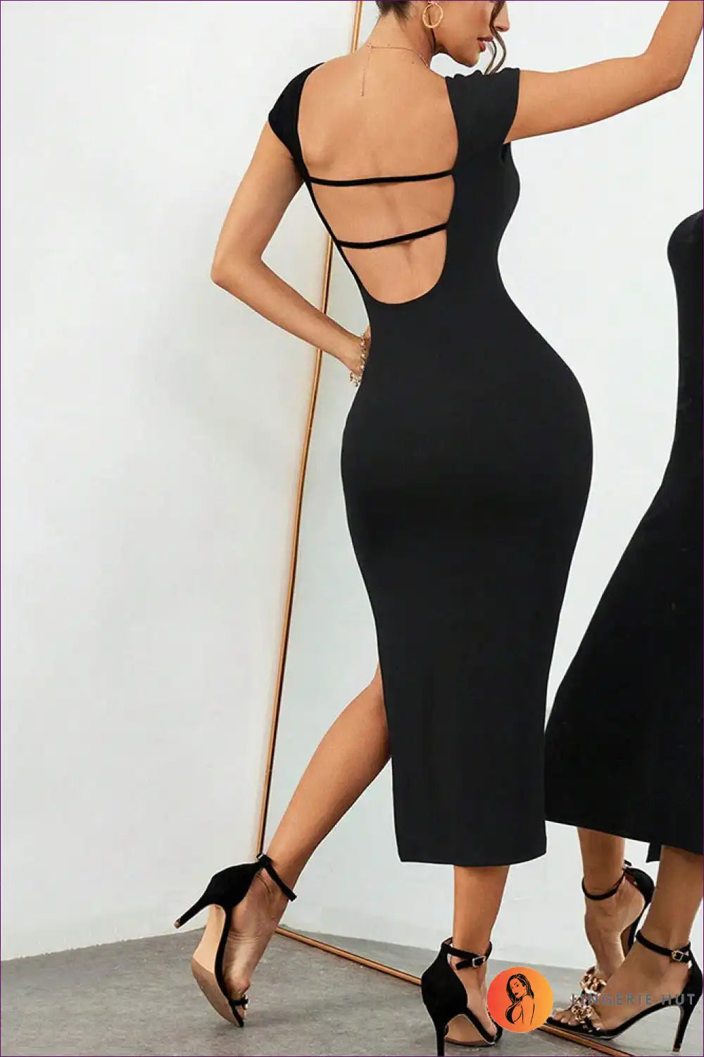 Black Cap Sleeve Bodycon Midi Dress with Back Slit for Evening Bodycon, Clubwear, Dresses, Evening Wear,