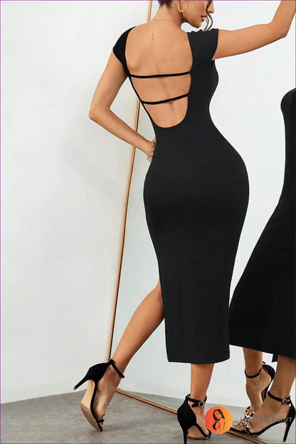 Black Cap Sleeve Bodycon Midi Dress with Back Slit for Evening Bodycon, Clubwear, Dresses, Evening Wear,