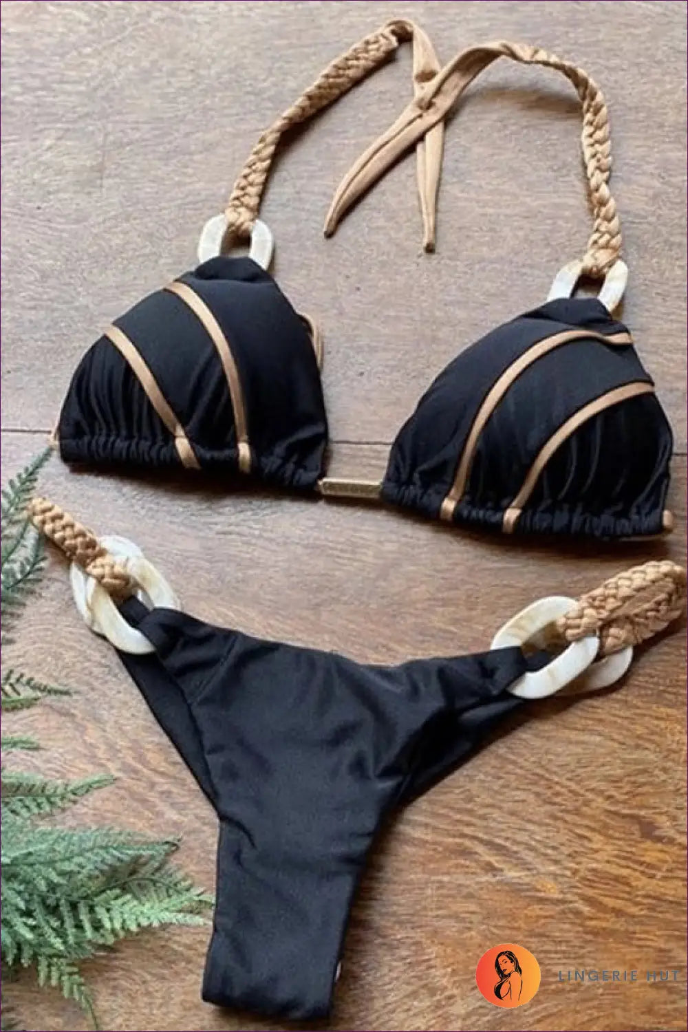 Black Chain-trim Halter Bikini with Ring Hardware - After Dark - l / Beachwear • just in • Metallic - Lingerie Hut
