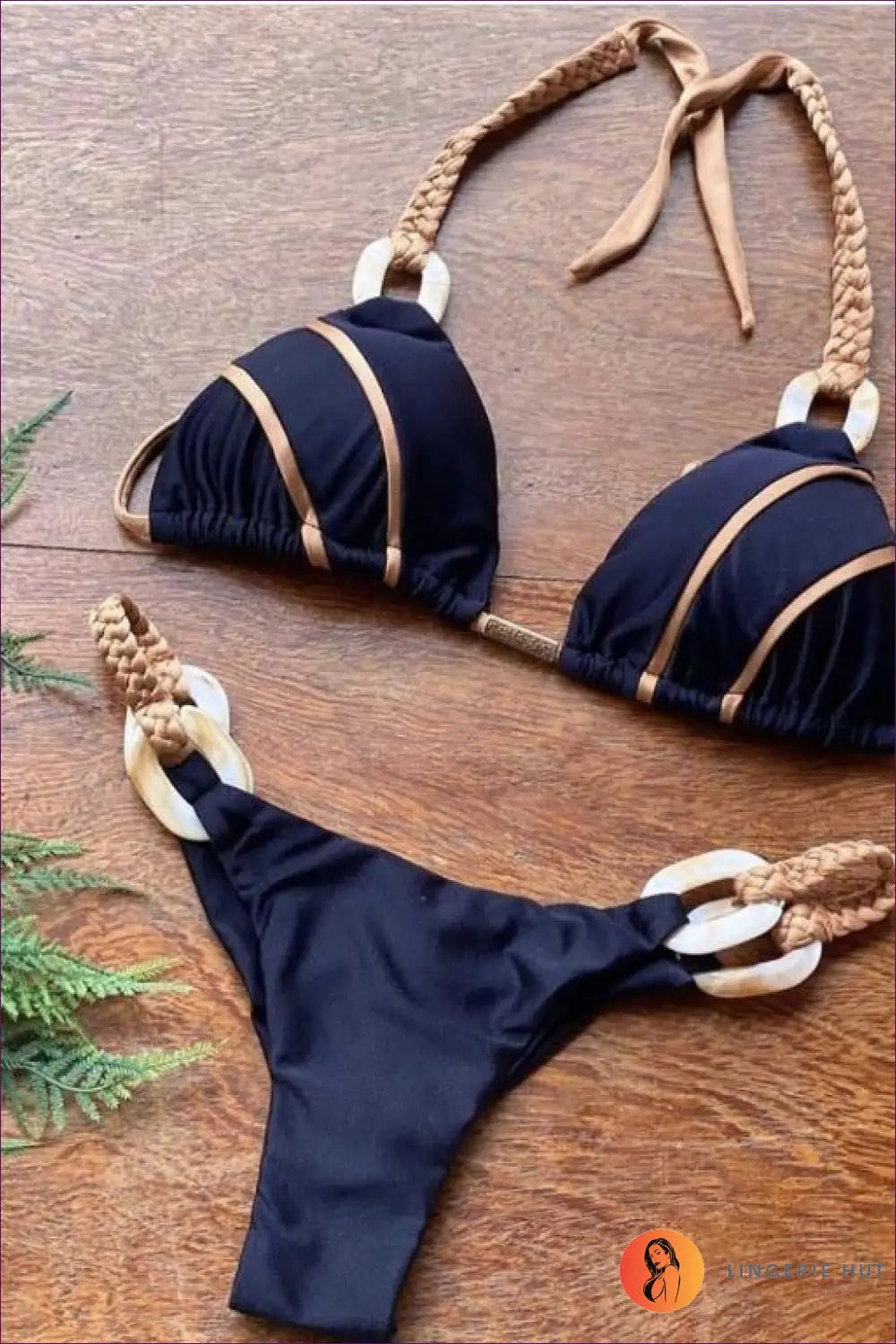 Black Chain-trim Halter Bikini with Ring Hardware - After Dark - l / Beachwear • just in • Metallic - Lingerie Hut