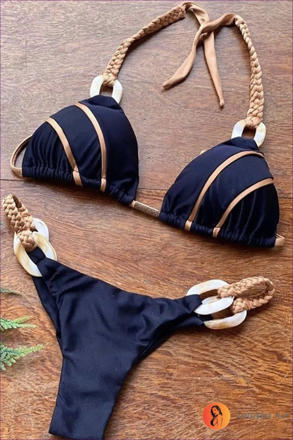 Black Chain-trim Halter Bikini with Ring Hardware - After Dark - l / Beachwear • just in • Metallic - Lingerie Hut