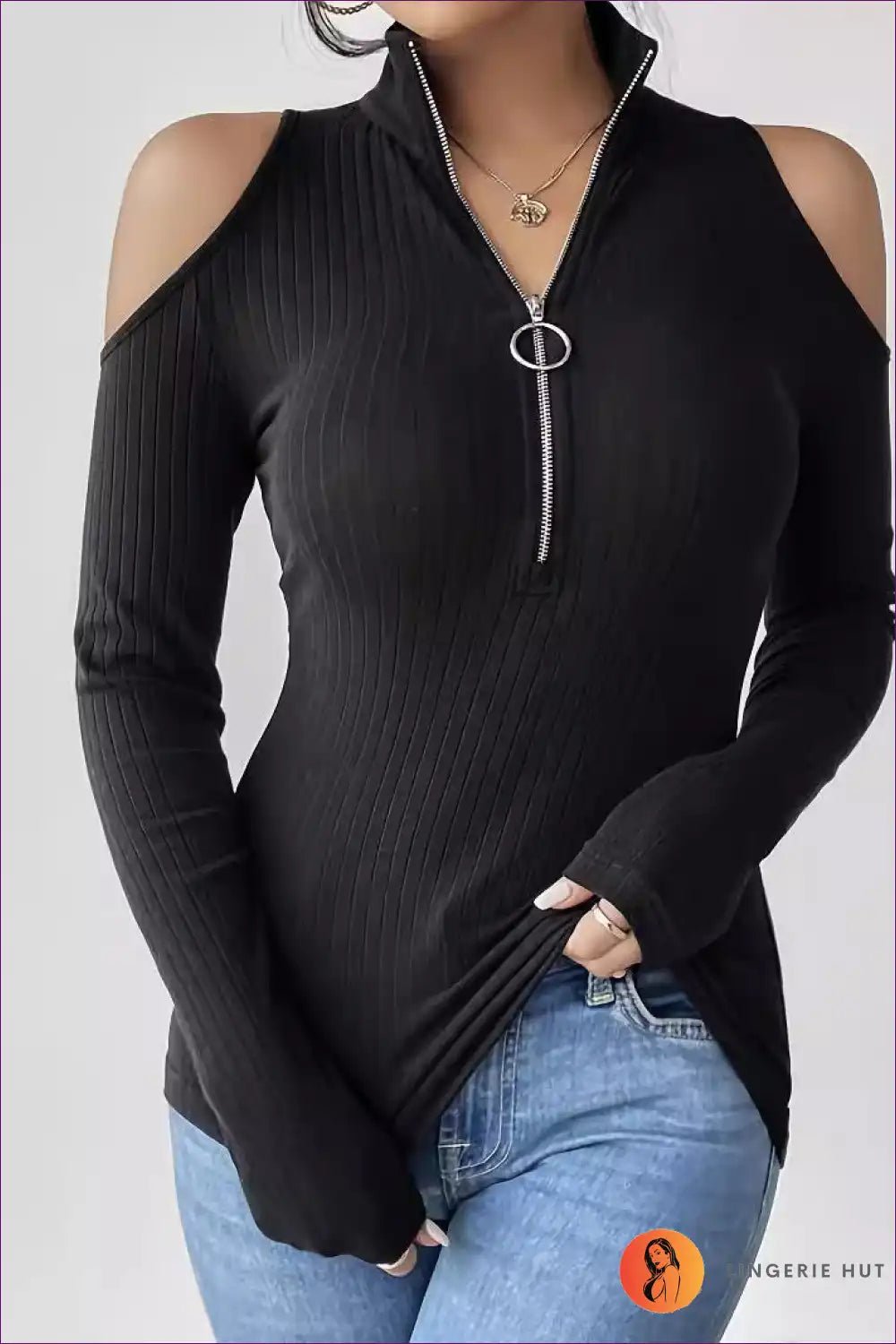 Black Cold-shoulder Zipper Top ?? Effortlessly Chic & Edgy for Autumn, Casual, Everyday, Glamour, Night