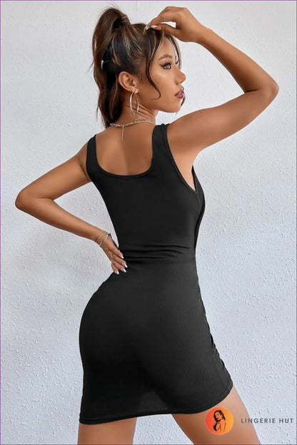 Black Cutout Ruched Mini Dress with Drawstring Detail for All Season, Bodycon, Clubwear, Cutout, Date Night