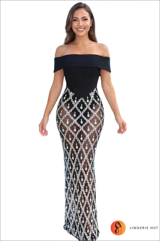 Black Embellished Maxi Dress with Off-shoulder Neckline - After Dark - s / Date Night • Dresses • Evening Wear • Formal