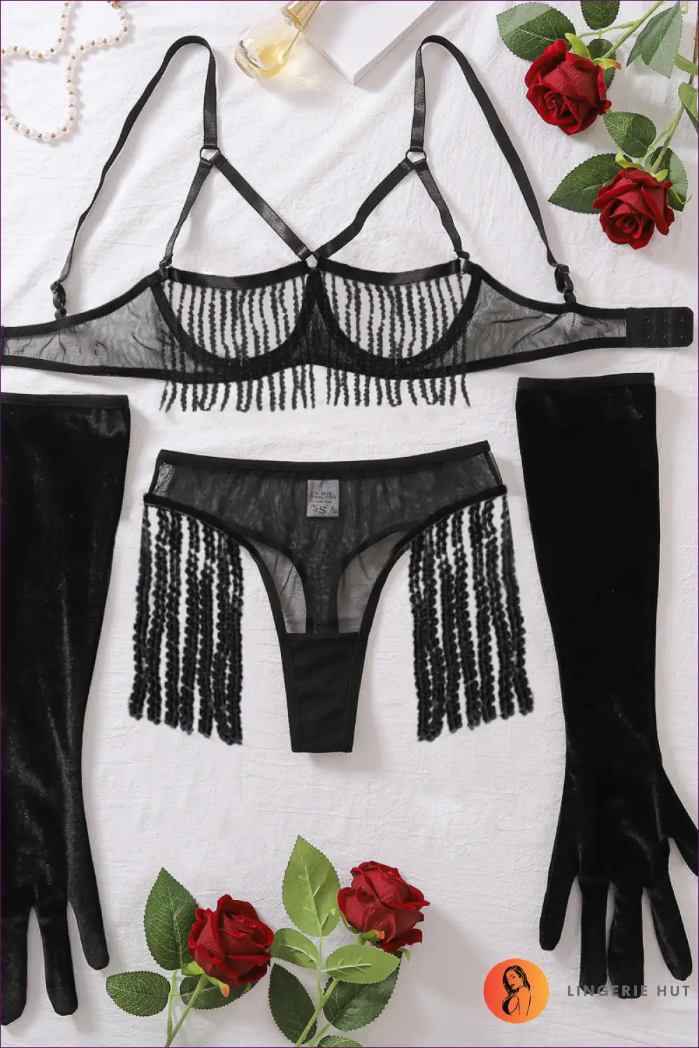 Black Fringe Beaded Lingerie Set - Bold & Seductive for Boudoir, Lingerie, N, Night In, Sexy