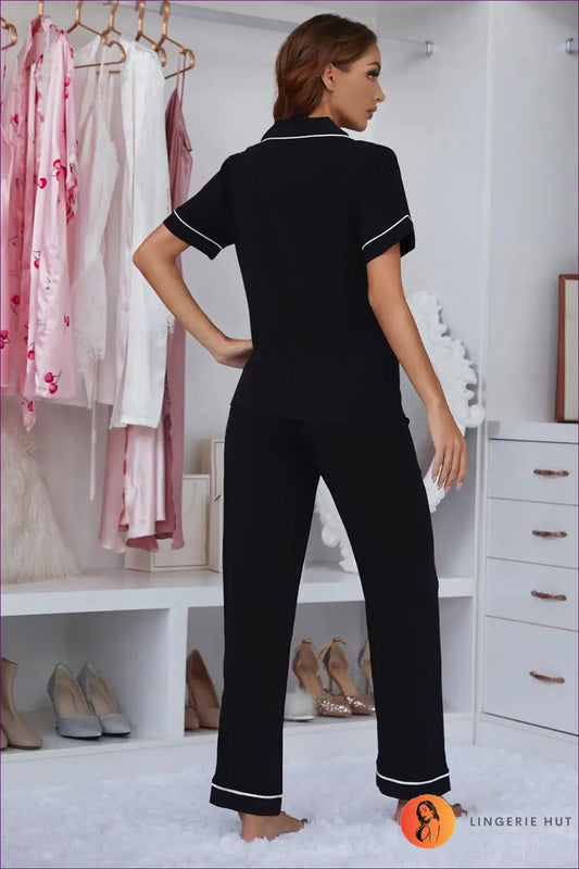 Experience a Night Of Pure Relaxation In Our Black Front Tie Short Sleeve Pyjama Set. Crafted For Comfort