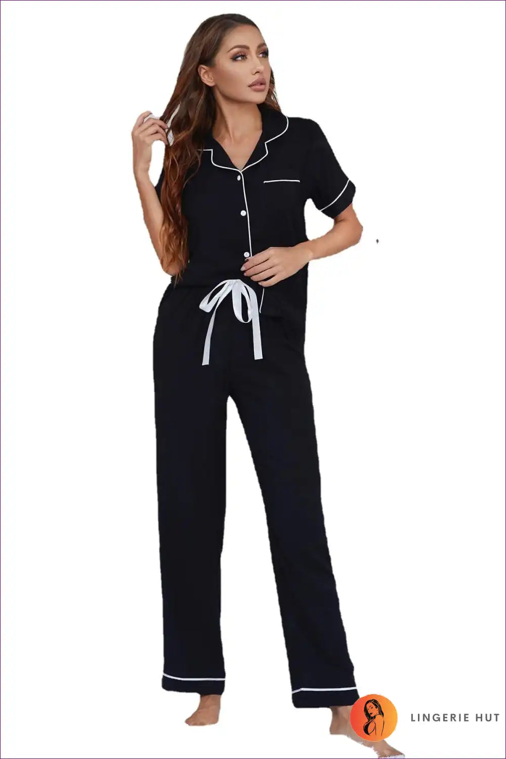 Experience a Night Of Pure Relaxation In Our Black Front Tie Short Sleeve Pyjama Set. Crafted For Comfort