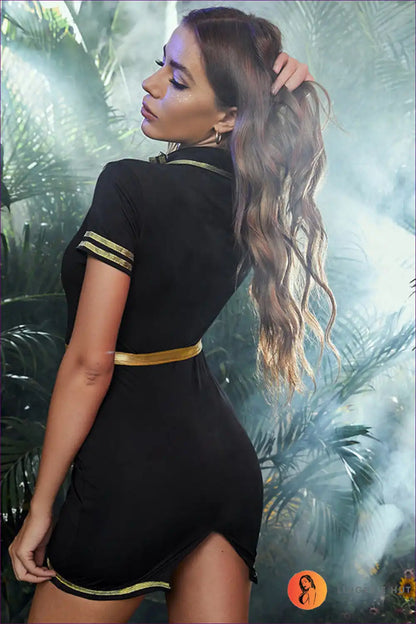 Black and Gold Police Uniform Dress with Belt for Role Play Bodycon, Clubwear, Costume, Dresses, Evening Wear