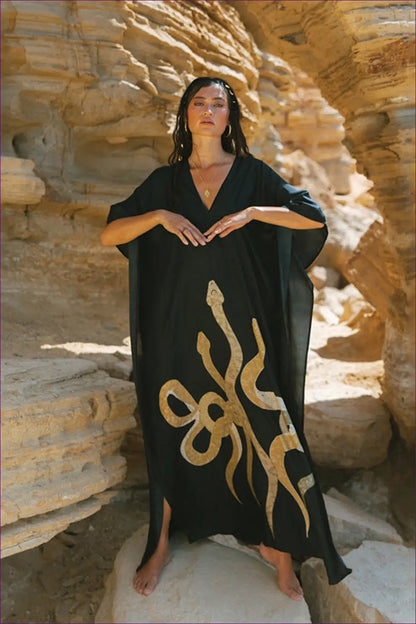 Black Graphic Print Kaftan Dress with Side Slit - Desert Nights - one Size / Beachwear • Casual • Cover Up • Dresses