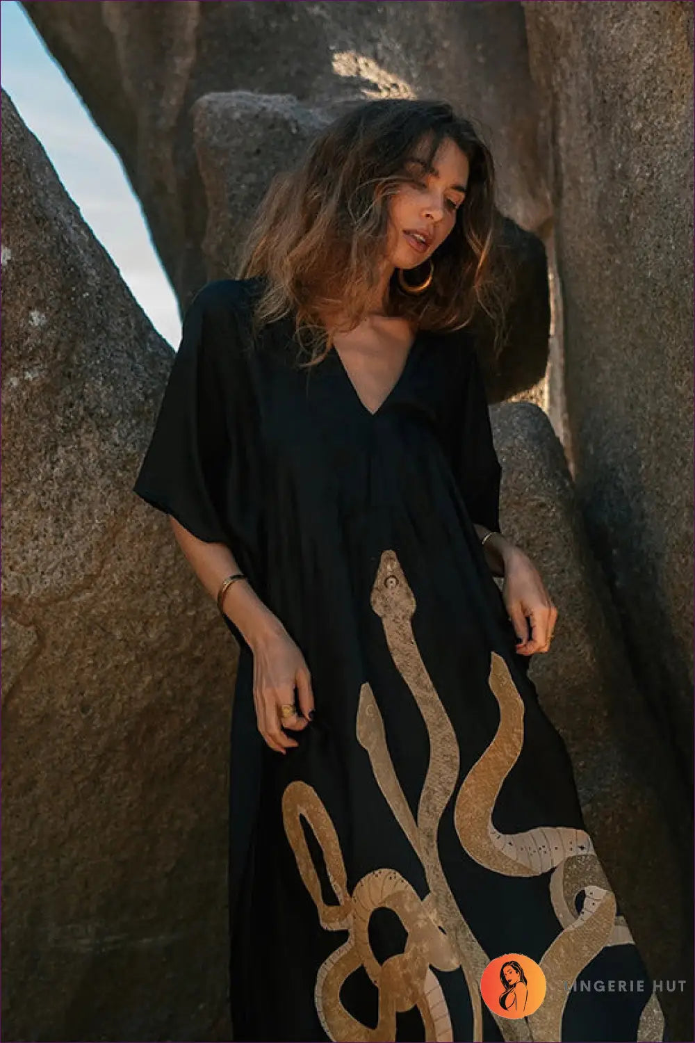 Black Graphic Print Kaftan Dress with Side Slit - Desert Nights - one Size / Beachwear • Casual • Cover Up • Dresses