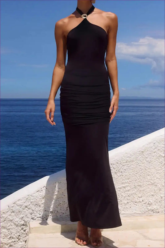 Black Halter Neck Bodycon Maxi Dress with Ruched Waist Detail for All Season, Bodycon, Date Night, Dress,