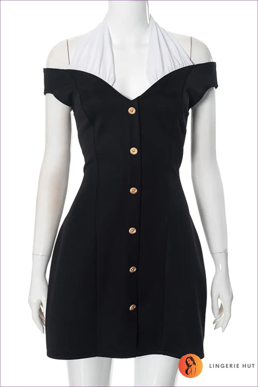 Black Halter Neck Button Mini Dress - Timeless Sophistication for Autumn, Clubwear, Date Night, Dress, Glamour