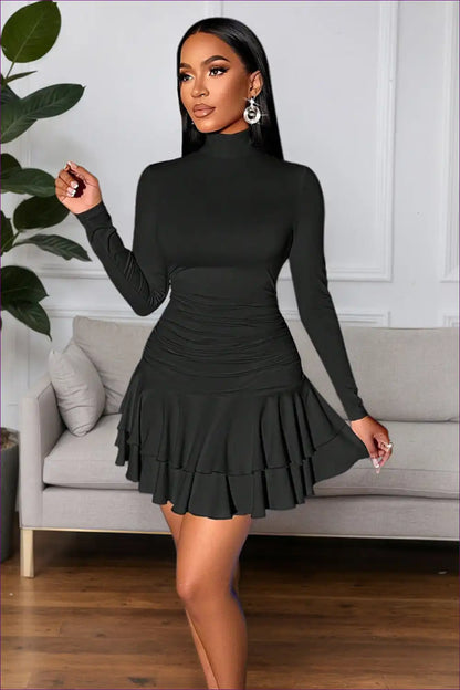 Black Knit Ruffled Mini Dress with Turtleneck for a Line, Autumn, Casual, Dresses, Mini