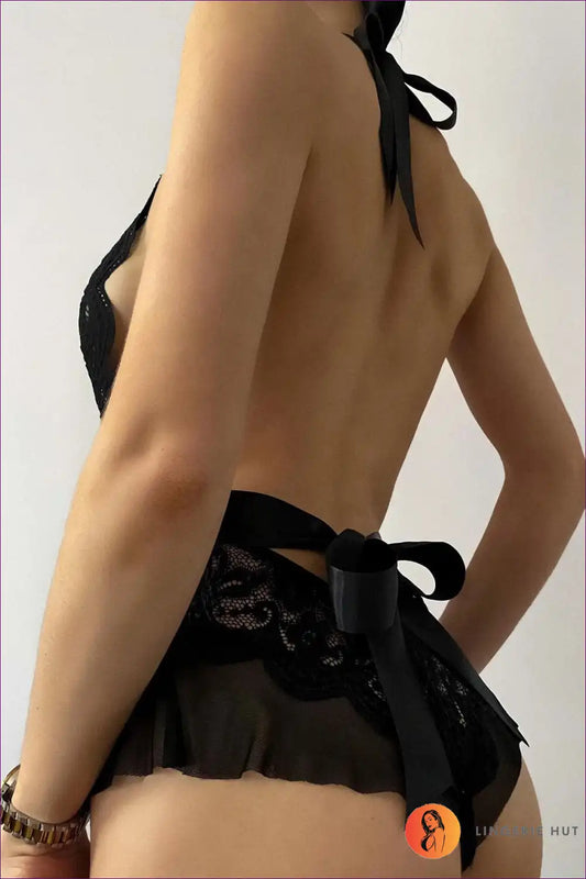 Black Lace Deep v Plunge Teddy with Satin Waist Tie and Ruffle Hem for Backless, Boudoir, Date Night, Evening