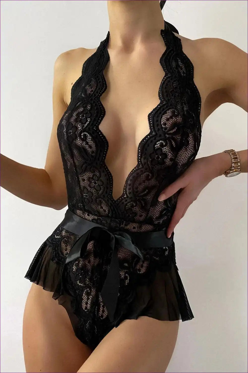 Black Lace Deep v Plunge Teddy with Satin Waist Tie and Ruffle Hem for Backless, Boudoir, Date Night, Evening