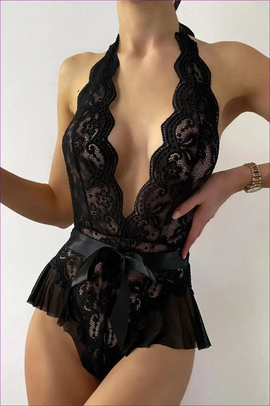 Black Lace Deep v Plunge Teddy with Satin Waist Tie and Ruffle Hem for Backless, Boudoir, Date Night, Evening