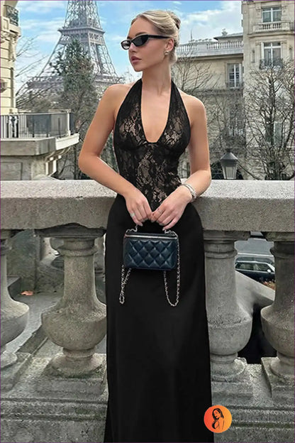 Black Lace Halter Maxi Dress with Sheer Bodice and Plunge Neck for All Season, Dress, Dresses, Evening Wear,