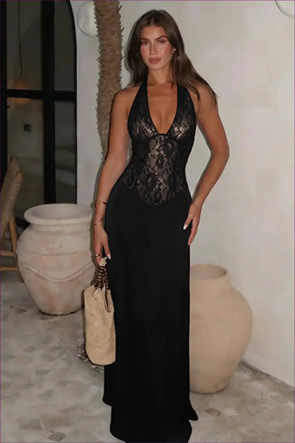Black Lace Halter Maxi Dress with Sheer Bodice and Plunge Neck for All Season, Dress, Dresses, Evening Wear,