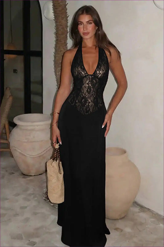 Black Lace Halter Maxi Dress with Sheer Bodice and Plunge Neck for All Season, Dress, Dresses, Evening Wear,
