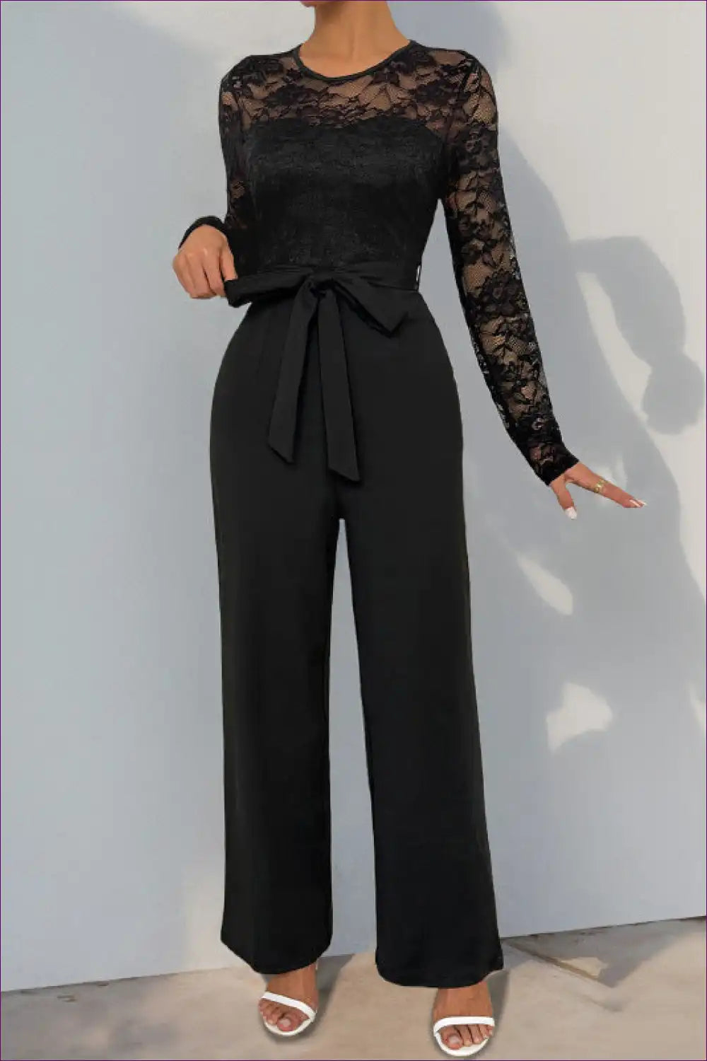 Black Lace Long-sleeve Jumpsuit with Tie Waist