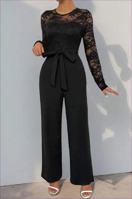 Black Lace Long-sleeve Jumpsuit with Tie Waist