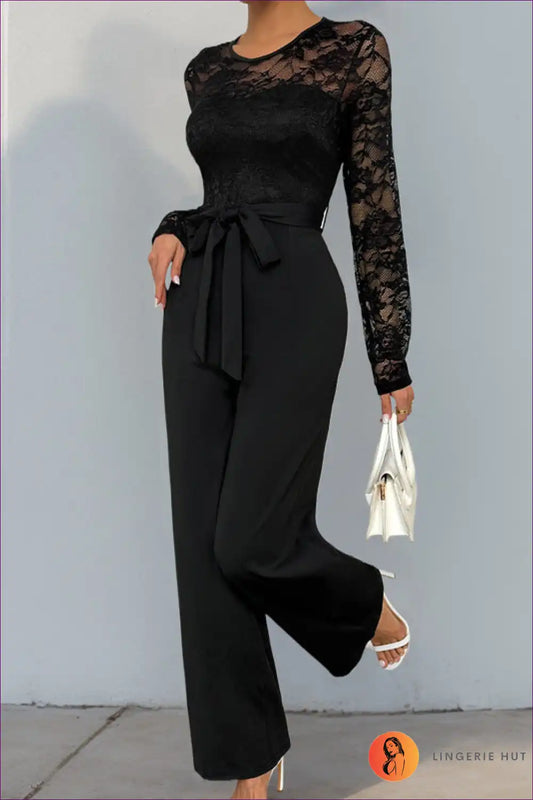 Black Lace Long-sleeve Jumpsuit with Tie Waist