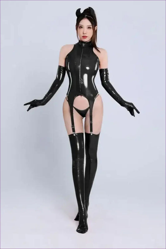 Black Latex Garter Bodysuit - Provocative & Powerful for Bodysuit, Clubwear, Garter, Glamour,