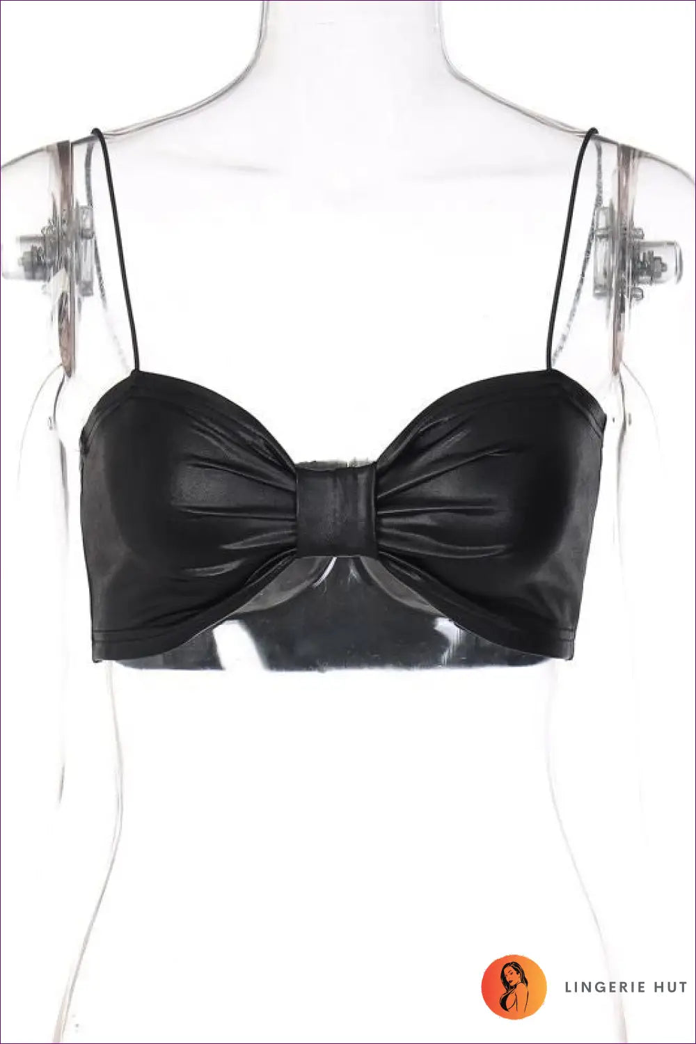 Black Leather Bow Crop Top - Bold & Edgy for Clubwear, Date Nigh, Leather, N, Night