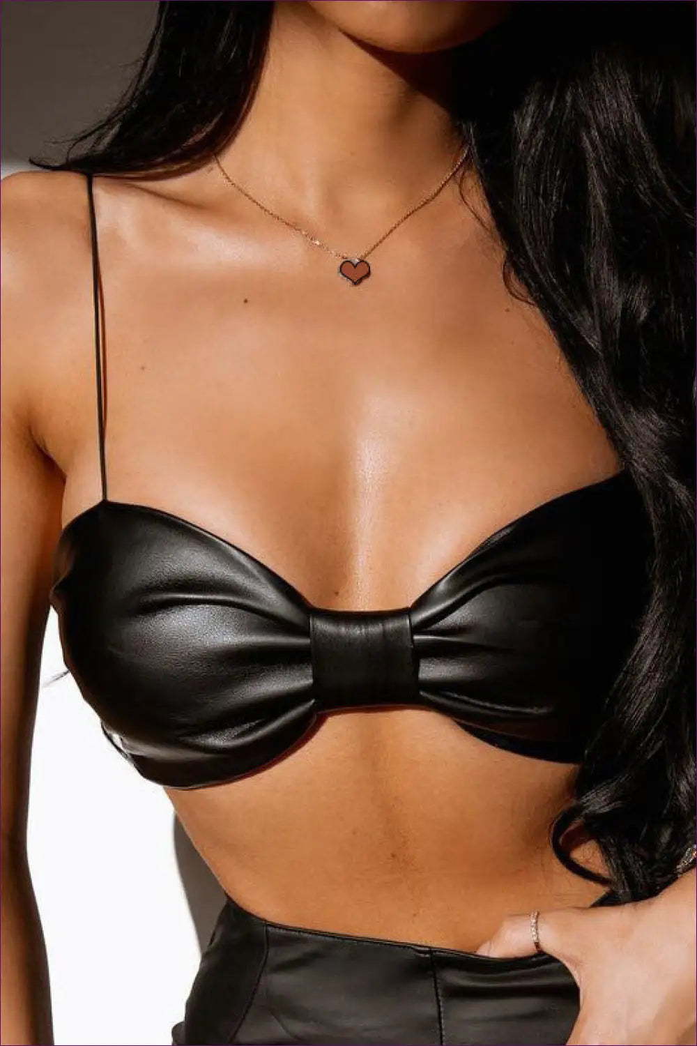 Black Leather Bow Crop Top - Bold & Edgy for Clubwear, Date Nigh, Leather, N, Night