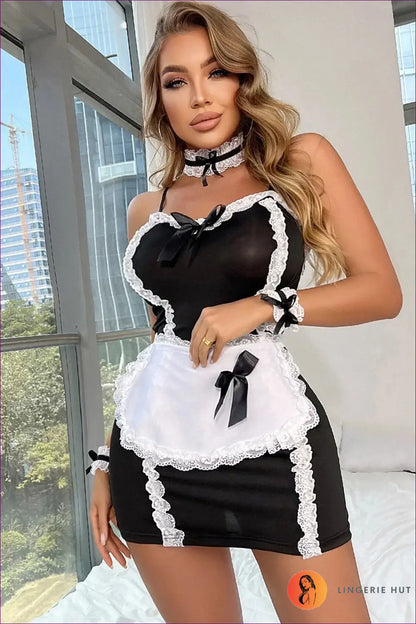 Black Maid Mini Costume with Heart Neckline Apron Set - Halloween • just in • Lingerie Hut