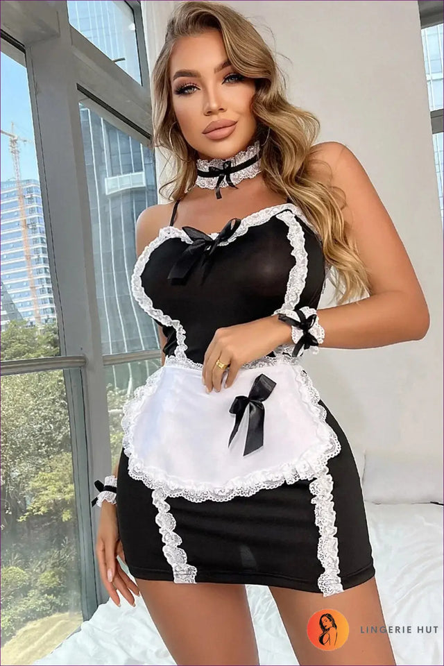 Black Maid Mini Costume with Heart Neckline Apron Set