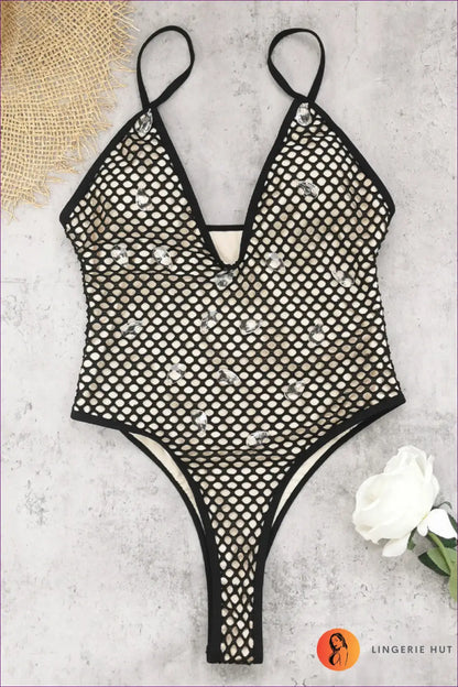 Black Mesh Cutout Bodysuit with Crystal Detail - After Dark - s / Swimwear - Clubwear • Fishnet • Glamour - Lingerie Hut