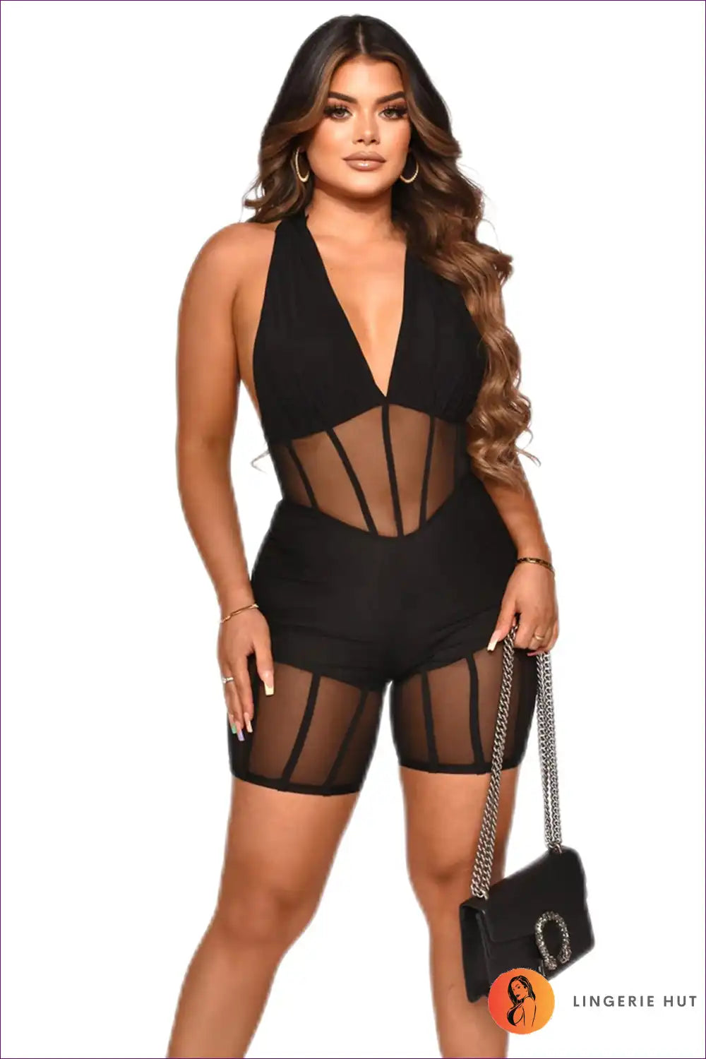 Black Mesh Halter Romper - Bold and Sheer Confidence for Bodycon, Clubwear, Cutout, Mesh, Night