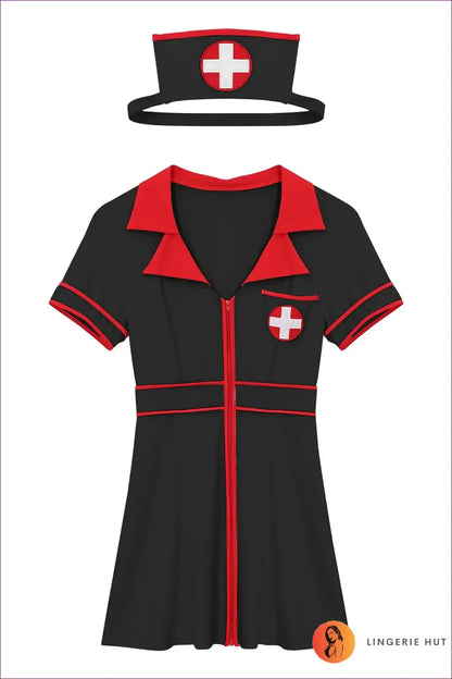 Black Nurse Costume with Red Piping - Edgy Party Uniform for Clubwear, Costume, Date Night, Evening Wear,