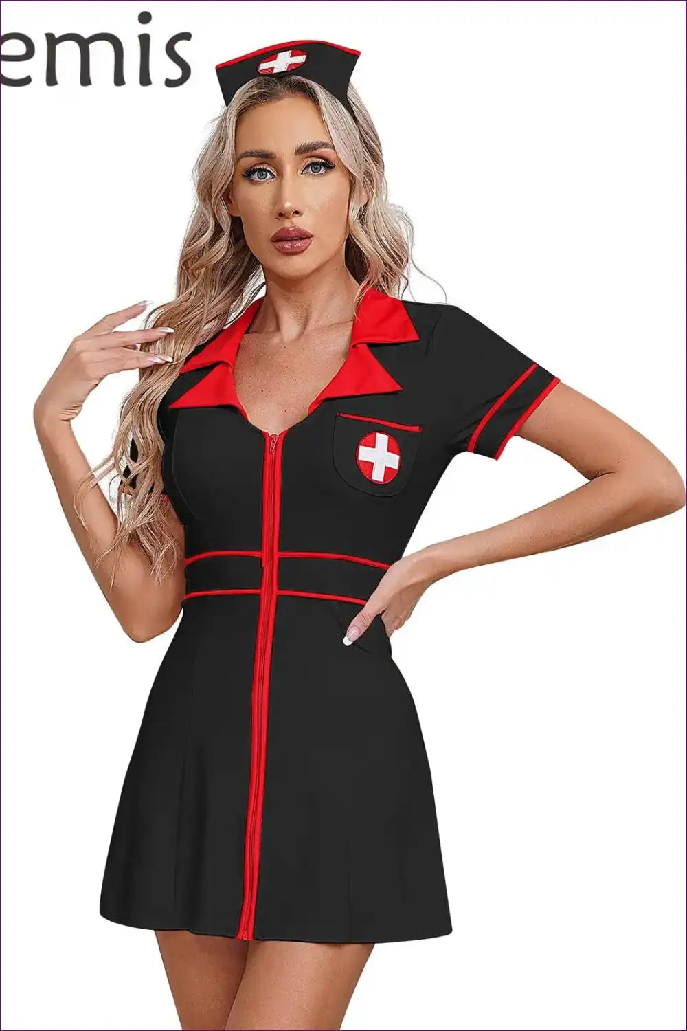 Black Nurse Costume with Red Piping - Edgy Party Uniform for Clubwear, Costume, Date Night, Evening Wear,